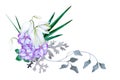 Delicate bouquet with flowers. Yucca, cineraria and leaves isolated on white background. Hand drawn watercolor