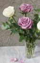 Delicate bouquet of light purple and white roses and eucaliptus