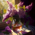Delicate bouquet of lilacs in a vase on the window. Generative AI