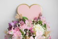 Delicate bouquet of pink lilies, white roses. Love Heart background copy space. Valentine, romance Royalty Free Stock Photo