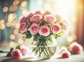 A delicate bouquet of pink roses in a round glass vase. Congratulatory background for any holiday Royalty Free Stock Photo
