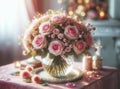 A delicate bouquet of pink roses in a round glass vase. Congratulatory background for any holiday Royalty Free Stock Photo