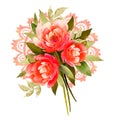 Delicate bouquet of three flowers of the same color. peons or roses. Beautiful openwork pattern. Watercolor illustration