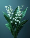 Delicate bouquet white blossoming lilies of the valley on deep blue background