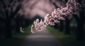 Delicate pink cherry blossom branch arching over a dark, blurred pathway lined with trees during springtime bloom Royalty Free Stock Photo