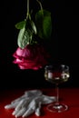 Bright red flower lowered down and rose petals flying around, glass of champagne, white gloves Royalty Free Stock Photo