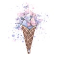 Delicate butterflies are pink, lilac, blue in a waffle cone, with splashes of paint. Watercolor illustration. For the