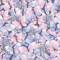 Delicate butterflies and seals are pink, blue, lilac. Watercolor illustration. Seamless pattern. For textiles
