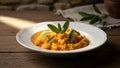 Delicate butternut squash risotto presented on a rustic wooden table surface Royalty Free Stock Photo
