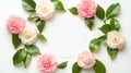 Camellia Flowers Arrangement with Blank Circle for Text - Spring Floral Border Royalty Free Stock Photo