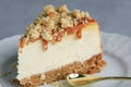 Delicate cheesecake cake covered with caramel. Several slices of delicious desserts, restaurant menu concept