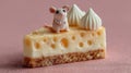 Delicate cheesecake slice with a tiny mouse figurine for a whimsical touch Royalty Free Stock Photo