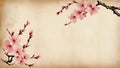 Delicate cherry blossom branches framing rustic parchment background with copy space Royalty Free Stock Photo