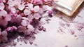 Delicate cherry blossoms juxtaposed with a perfume bottle, partially submerged in tinted water with droplets. Royalty Free Stock Photo