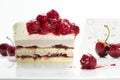 Delicate cherry cake on white background