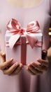 Delicate close-up: Female hands hold small gift with pink ribbon indoors.