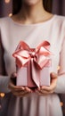 Delicate close-up: Female hands hold small gift with pink ribbon indoors.