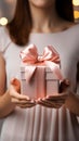 Delicate close-up: Female hands hold small gift with pink ribbon indoors.
