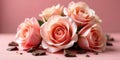 A delicate cluster of light pink roses rests on a soft pink surface, adorned with scattered pieces of dark chocolate. Generative Royalty Free Stock Photo