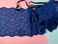 Delicate color laces for panties and bras on pink and blue background with plastic fittings. Elastic material. Using for Atelier a