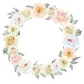 Delicate colorful floral round wreath of light yellow, orange and white rose flowers with leaves isolated on white background.