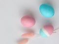 Delicate colors of Easter eggs on a white table, close-up Royalty Free Stock Photo