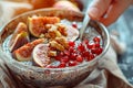 Delicate composition of chia pudding with fresh figs, pomegranate seeds and walnuts Royalty Free Stock Photo