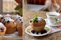 Delicate cupcakes with currants and tea