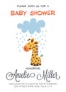 Delicate customizable baby shower card template with giraffe toy