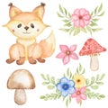 Delicate cute Flower, Woodland animal and mushrooms set, Wildflowers Bouquet, greenery clipart, Forest Baby fox illustration,