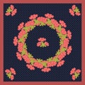 Delicate cute scarf pattern colors in trendy coral color on navy background in white polka dots