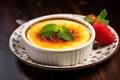 Delicate dessert CrÃ¨me Brulee with strawberries