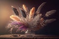 Delicate and detailed bouquet of feathers. Soft abstract romantic pastels. Unique decoration quills and plumes in a glass vase.