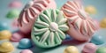 Delicate detailed Easter egg candy. Spring pastel desserts. Sugar cookies and cakes. Delicious meringue sweets.