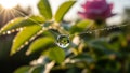 Dew drop on spider web with pink rose in background Royalty Free Stock Photo