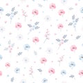 Delicate ditsy floral pattern. Seamless vector design with light blue and pink flowers on white background. Royalty Free Stock Photo