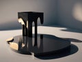 delicate dribble of shimmering liquid forming a tranquil pool in the shade of a towering silhouette. Podium, empty