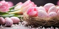 Delicate Easter Composition with Pink Tulips and Speckled Eggs Nestled on a Bed of Straw Evoking a Soft Spring Sentiment