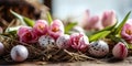 Delicate Easter Composition with Pink Tulips and Speckled Eggs Nestled on a Bed of Straw Evoking a Soft Spring Sentiment