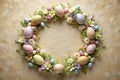 Spring Celebration: Delicate Easter Egg Wreath with Pastel Floral Embellishments on Parchment - Generative AI Royalty Free Stock Photo