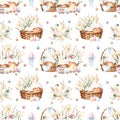 Delicate Easter seamless pattern with icing cake, spring flowers, colorful eggs, willow branches. Festive repeat Royalty Free Stock Photo