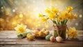 A Delicate Easter Still Life Long Exposure Photography Captures Daffodils and Eggs in Soft Ambient Light Evoking a Royalty Free Stock Photo