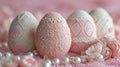 Delicate egg patterns, lace, and pearls create an Easter card sophistication