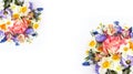 Delicate floral arrangement - spring yellow and purple flowers on a white background.