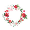 Delicate floral coronet made of pink and red flowers and leaves hand-drawn with watercolor Royalty Free Stock Photo