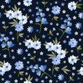 Delicate floral embroidery on a dark background with polka dots. Seamless ditsy pattern with inflorescences