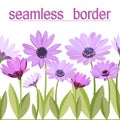 Delicate floral seamless border of beautiful lilac daisies on green stems with leaves Royalty Free Stock Photo