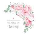 Delicate floral vector frame with peony, camellia, rose, orchid, carnation, mint eucaliptus on white