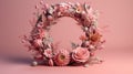 Delicate floral wreath with text space rests upon a pink background, celebrating women and love