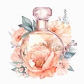 Delicate Flower Adorned Perfume Bottle: Watercolor Portraits Illustration Clipart, Generative AI